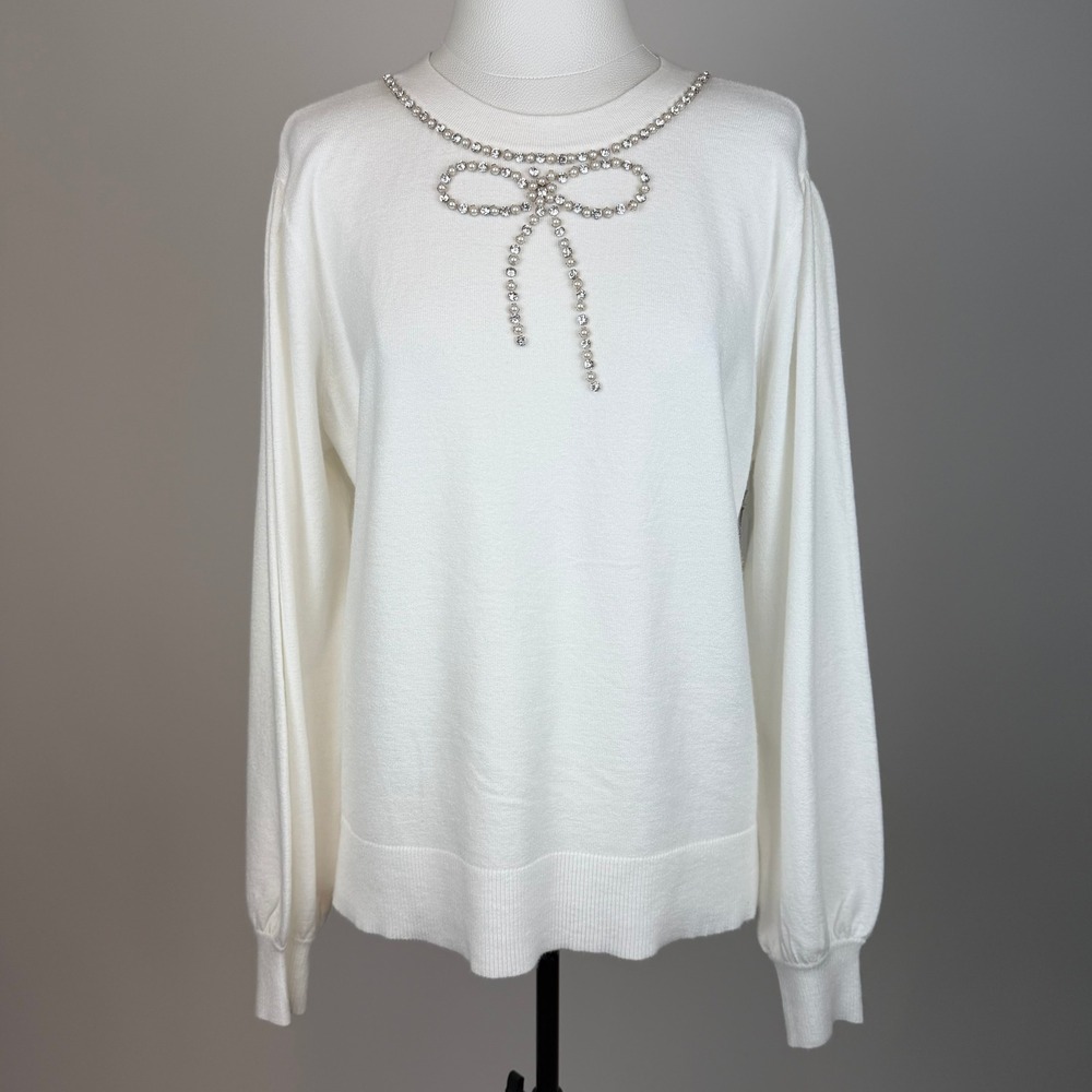NWD Liz Claiborne White Faux Pearl Rhinestone Bow Sweater Womens Petite Size PM